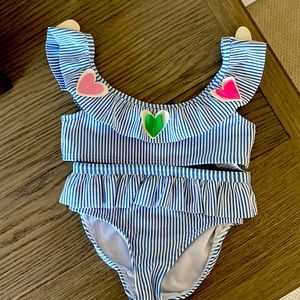 Mini Boden, 2 piece swimsuit, blue pinstripe, seersucker material, size 4-5